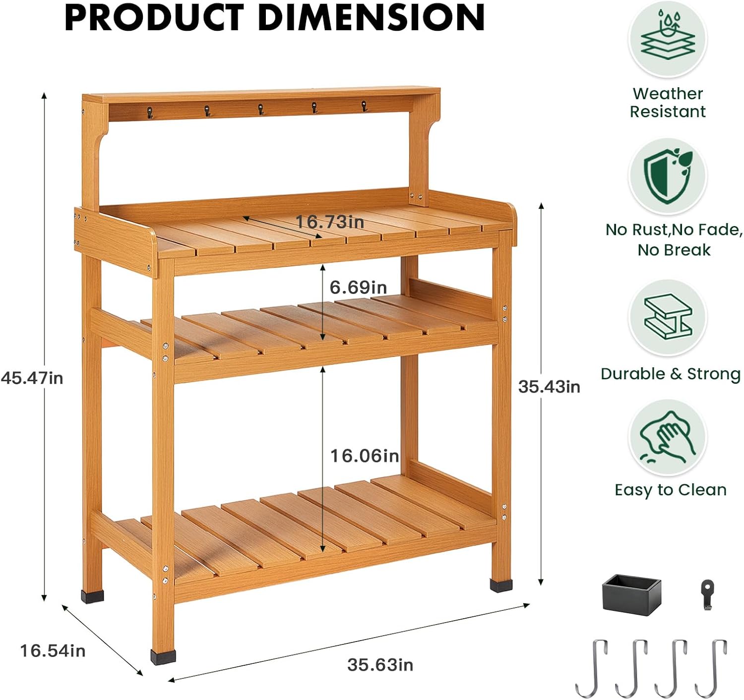 Frogprin Potting Bench for Women Men, HDPS Outdoor Garden Table Workstation with 9 Hooks, 4-Tier Rack, All-Weather Waterproof Workbench for Outside Garden - Teak, Extra-Large, 35.6''X16.5''X45.5''