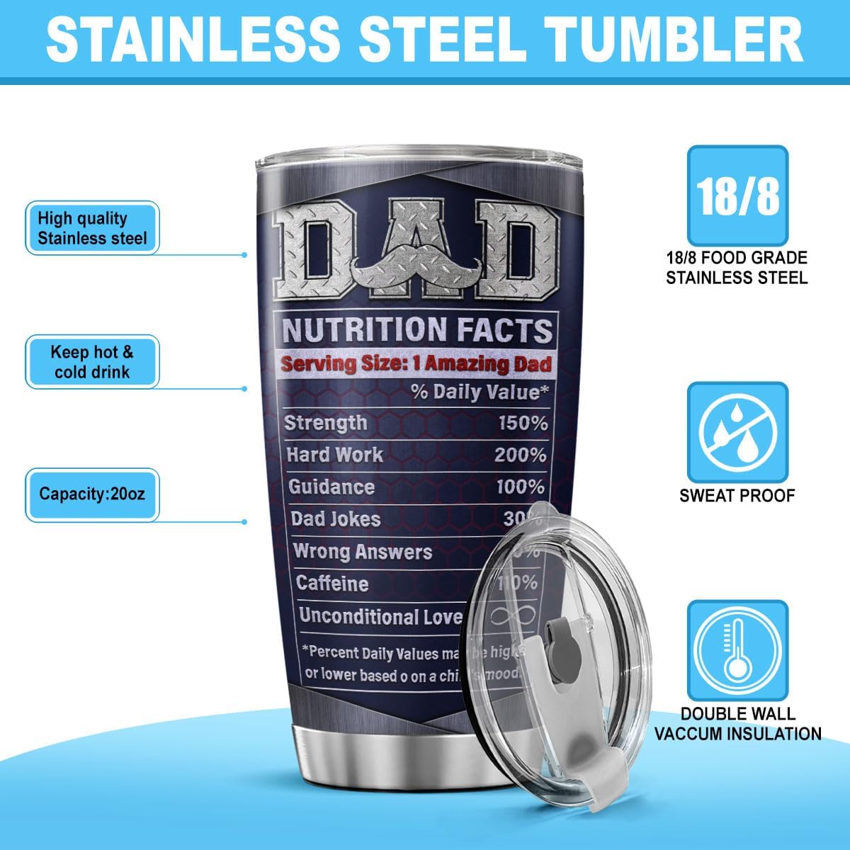 Funny Dad Nutrition Facts Tumbler 20oz, Stainless Steel Vacuum Cup with Hilarious Graphic for Father, Birthday or Father's Day Insulated Coffee Travel Mug for Dad Grandpa Husband