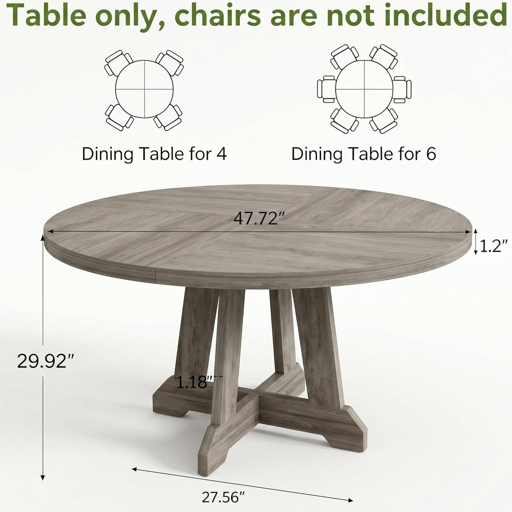 IDEALHOUSE Round Dining Table for 4, 47 Inches Dining Room Table with Wooden Base, Kitchen Table with Circle Tabletop, Dinner Table for Dining Room, Kitchen, Living Room, Grey