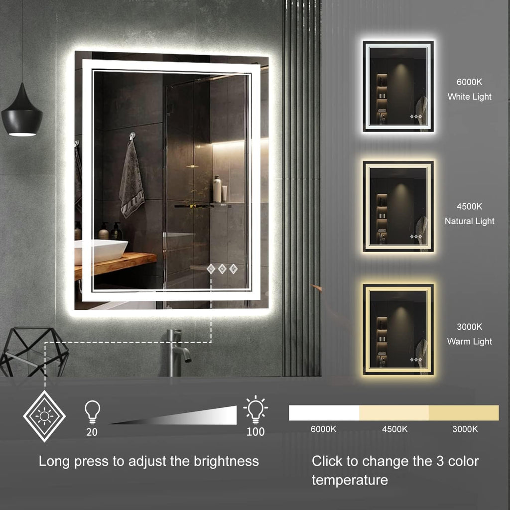 LED Bathroom Mirror, 24x32 Inch Gradient Front and Backlit Vanity Mirror with Lights, 3 Colors Dimmable CRI>90, IP54 Enhanced Anti-Fog, Hanging Plates Bathroom Mirror with Lights