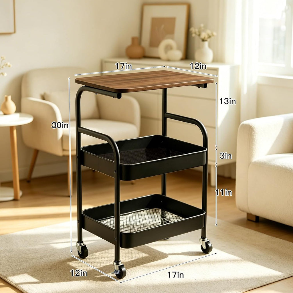 3 Tier Rolling Cart with Walnut Table Top, Sturdy Metal Storage Cart with Lockable Wheels, Multi-Purpose Mobile Shelf for Kitchen, Bedroom, Snacks, Coffee, Craft, Makeup, Garage (Black)