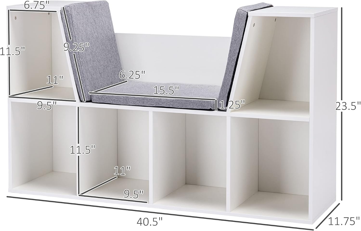 6 Cubby Bookcase with Reading Nook and Cushion, Multi Purpose Storage Organizer for Bedroom, Living Room, Pure White