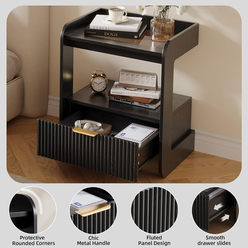 Nightstands Set of 2, Fluted Bedside Tables with Amber Glass Top | Hidden Drawer Storage, Open Display Shelf, Rounded Corner Design, Easy Assembly, Bedroom, Apartment, Guest Room Use