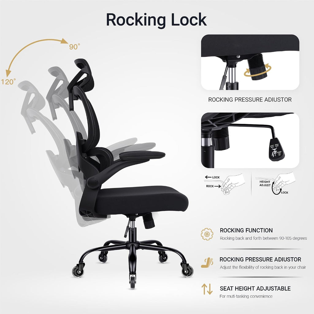 Office Chair Ergonomic Chair with Flip up Armrests, Adjustable Lumbar Support Computer Chair with Breathable Mesh Back Home Office Computer Chairs for Long Hours Mesh Office Chair