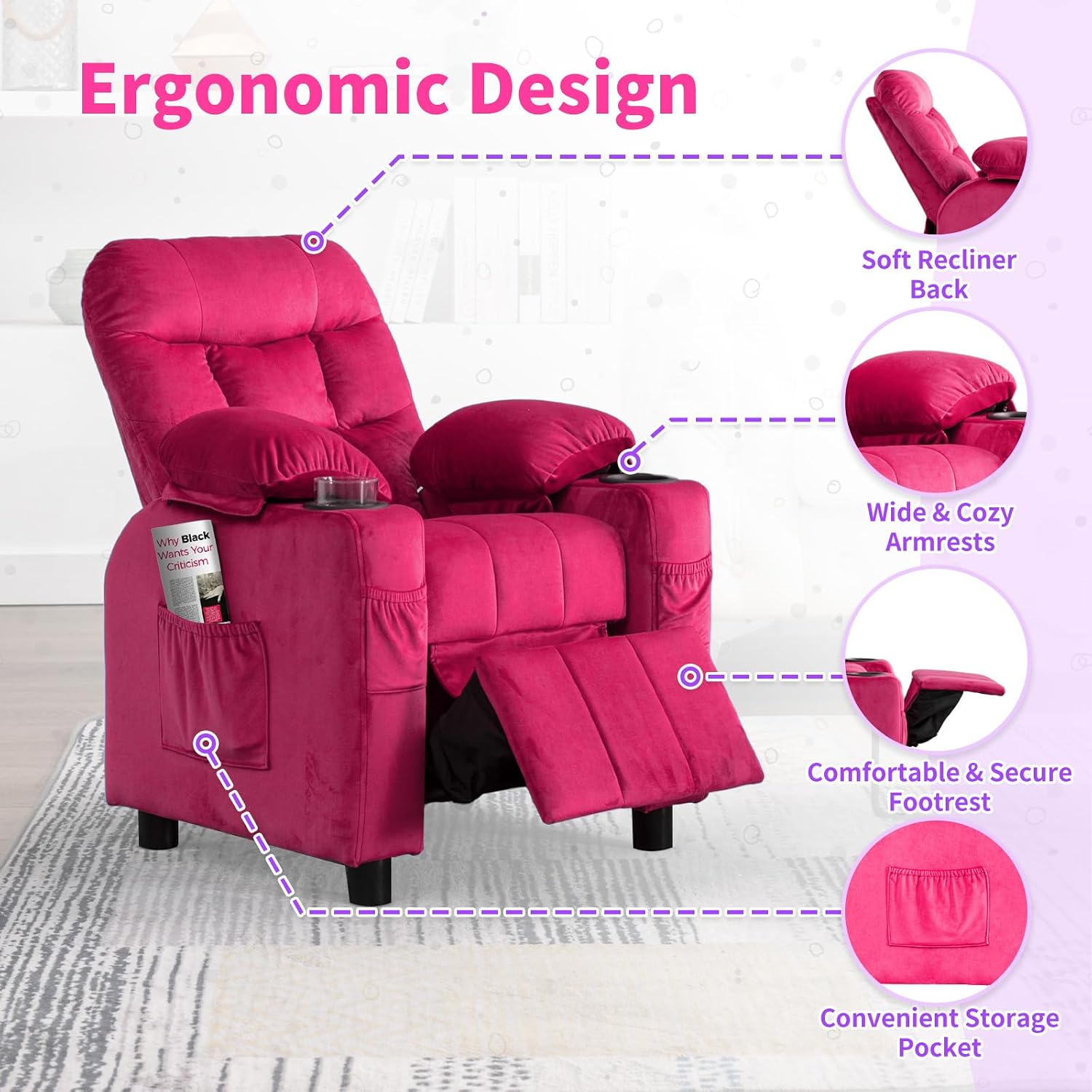Kids Recliner, Toddlers Kids Recliner Chair with Cup Holder, Ergonomic Adjustable Velvet Lounge Chair with Footrest & Side Pockets, Toddlers Baby Sofa for Boys Girls Bedroom (Rose Pink)