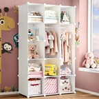 Modular Baby Wardrobe Closet, Portable Children Organizers and Storage for Nursery,15 Cubes with Hanging Rods,Multi-Functional Kids Storage Shelf-Bedroom Clothes Armoire (Boys & Girls)