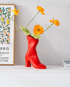 Ceramic Boot Vase for Modern Home Decor,7.9" High Heel Bootie Flower Vase,Quirky Funky Aesthetic Room Decor,Trendy Coffee Table Centerpiece for Women(Red)