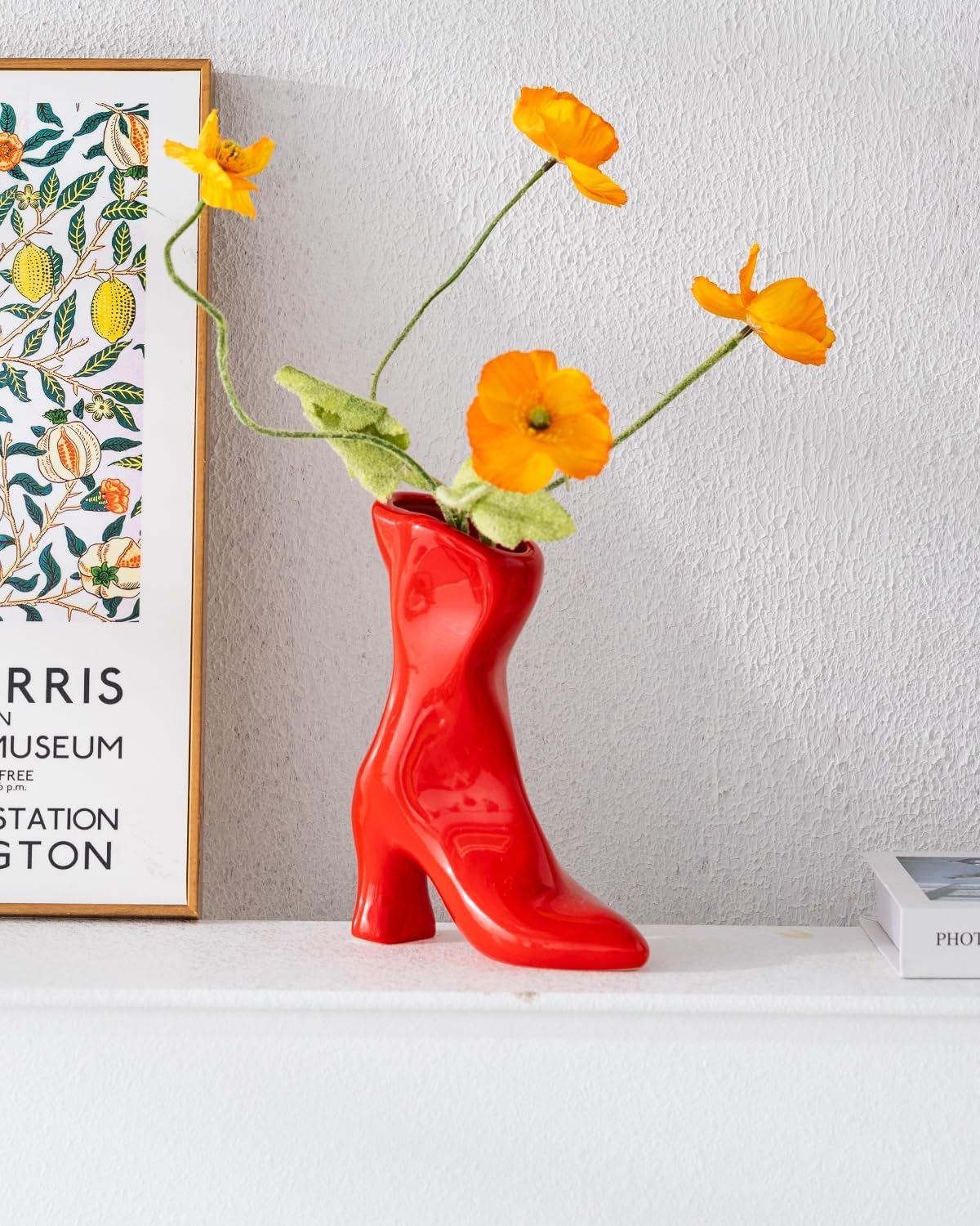 Ceramic Boot Vase for Modern Home Decor,7.9" High Heel Bootie Flower Vase,Quirky Funky Aesthetic Room Decor,Trendy Coffee Table Centerpiece for Women(Red)