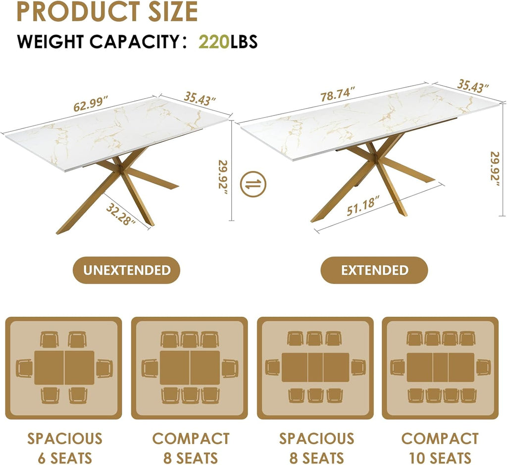 63"-79" Extendable Dining Table for 6-10 People, Modern Rectangle Extendable Kitchen Table with Gold Faux Marble Tabletop and Gold Metal Cross Legs for Restaurant/Dining Room/Kitchen/Living Room