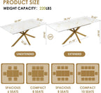 63"-79" Extendable Dining Table for 6-10 People, Modern Rectangle Extendable Kitchen Table with Gold Faux Marble Tabletop and Gold Metal Cross Legs for Restaurant/Dining Room/Kitchen/Living Room
