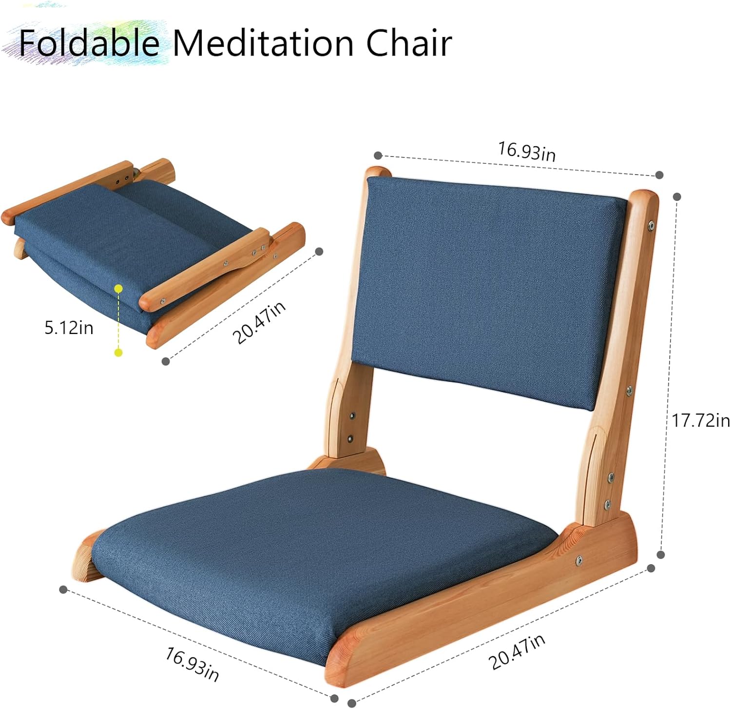 Japanese Floor Chair with Back Support, Foldable Meditation Chair, Legless Tatami Chair with Cushion, Floor Seat for Living Room, Bedroom, Bay Window (2, Blue)
