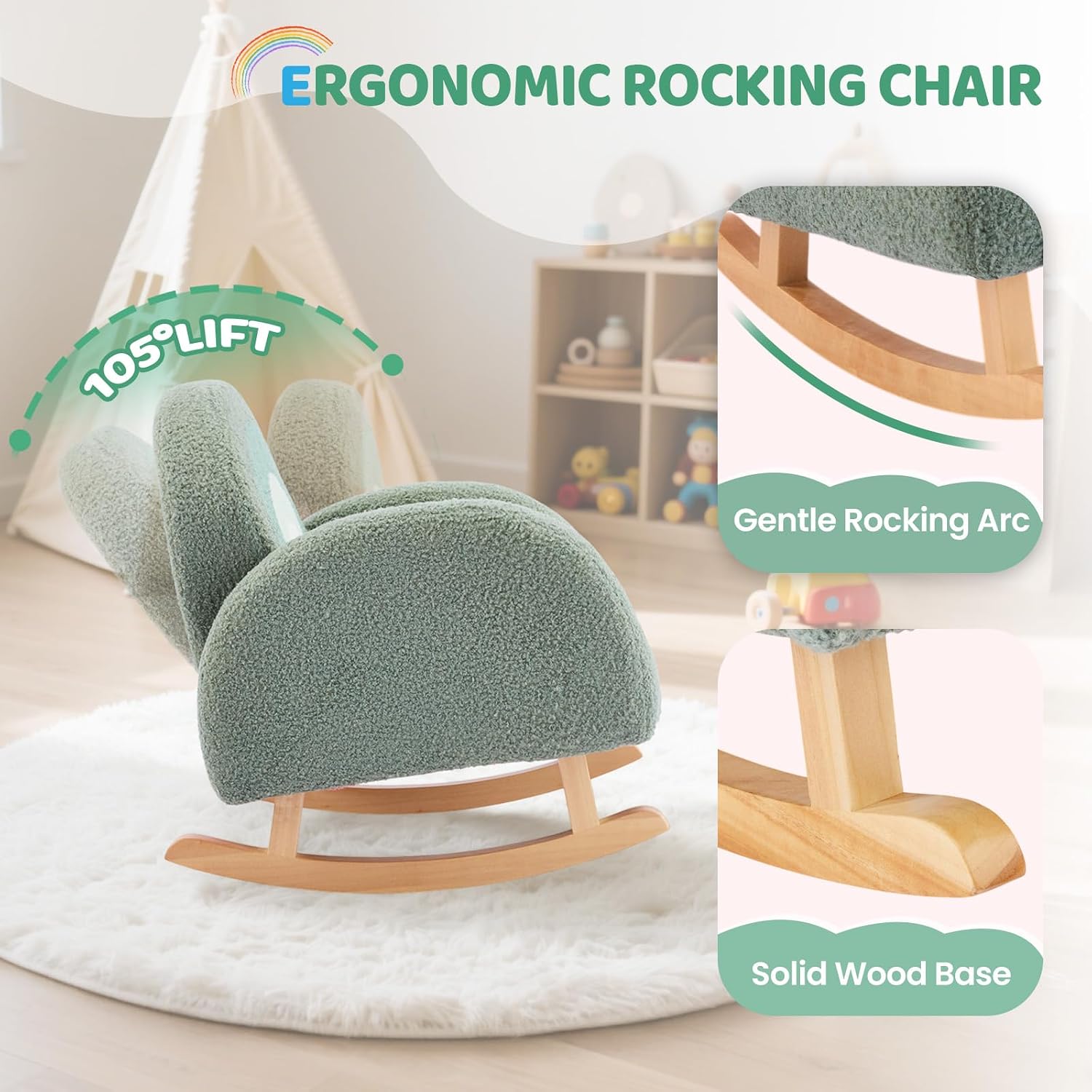 JOYMOR Kids Chair, Teddy Fleece Toddler Rocking Chair with Solid Wood Legs, Anti-Tip Design, Kids Sofa for Nursery, Playroom, Green