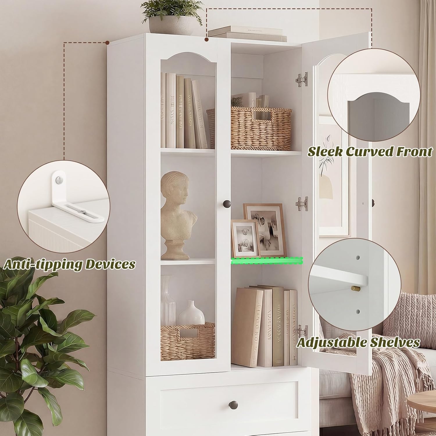 Cyclysio 80" Tall Pantry Cabinet for Kitchen Storage, White Pantry Cabinet with Glass Doors & 3 Drawers - Freestanding Storage Bookcase with Built-in Baseboard Notch for Dining, Living Room