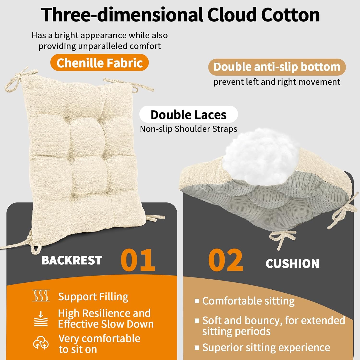 Rocking Chair Cushion for Elderly Sitting, Back Pillow & Seat Cushion with Ties, Luxury Chenille Fabric Non-Slip Chair Pad for Rocker, Beige, 21.6x17x2/ 17x17x3