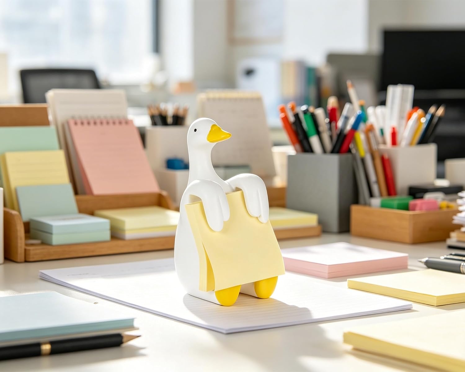 Silly Goose Pop-up Sticky Note Dispenser, Includes 1 Pad of 3x3 in Super Sticky Notes, 100 Sheets, Resin Cute Handmade Desk Holder for Office & Home, Funny Goose Desk Decorations-Yellow