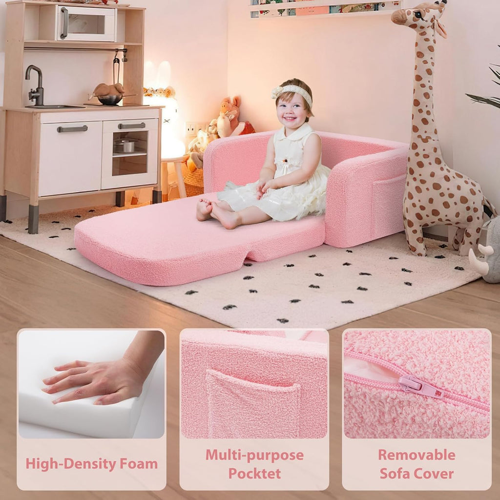 Foryoomi Extra Wide Kids Couch, 2-in-1 Soft Toddler Couch with Blanket, Comfy Toddler Chair, Convertible Sofa with Cute Colorful Rainbow Design, Pink