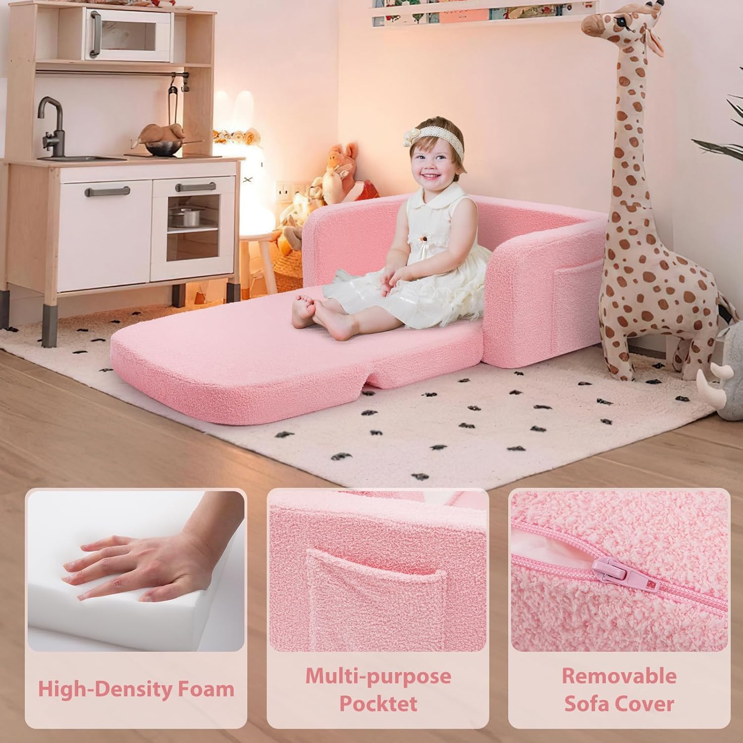 Foryoomi Extra Wide Kids Couch, 2-in-1 Soft Toddler Couch with Blanket, Comfy Toddler Chair, Convertible Sofa with Cute Colorful Rainbow Design, Pink