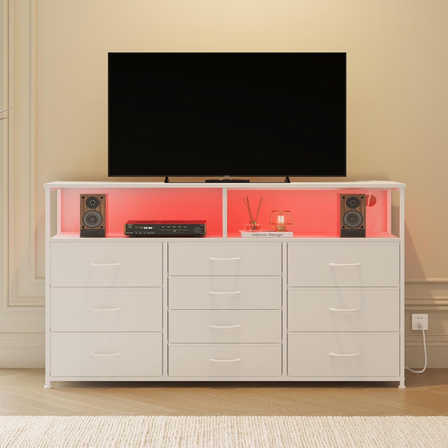Unionly 55" W 10 Drawers Dresser with LED,Dresser tv Stand for Bedroom | TV stand dresser with LED light,charging station for 55,65 inch TV,Fabric Drawers Dresser with Open shelves for living room