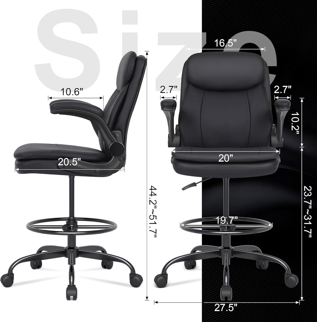 Misolant Drafting Chair, Tall Office Chair for Standing Desk, High Leather Executive Office Chair with Adjustable Height and Flip-up Armrest for Counter Height Desk