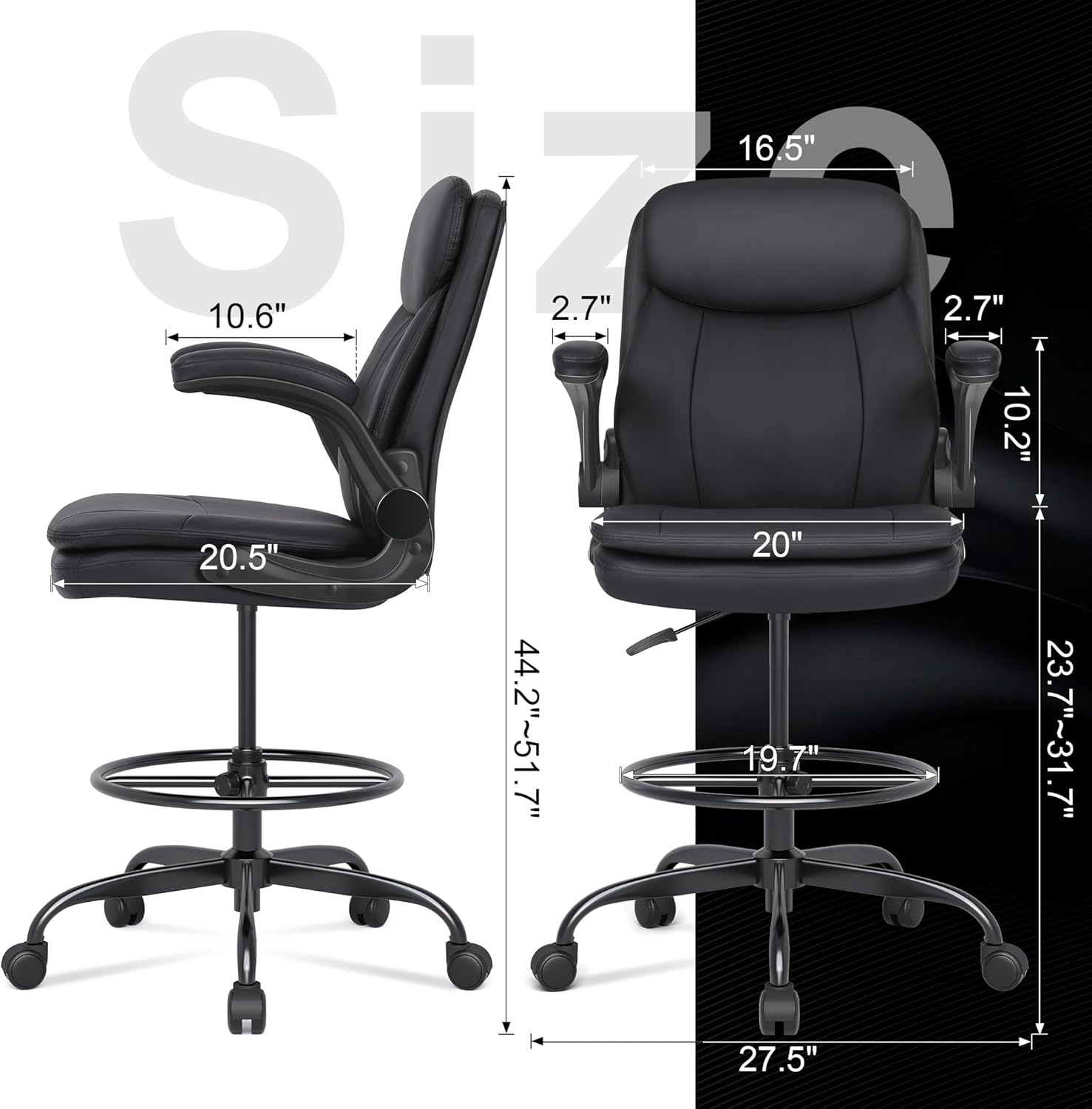 Misolant Drafting Chair, Tall Office Chair for Standing Desk, High Leather Executive Office Chair with Adjustable Height and Flip-up Armrest for Counter Height Desk