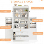 77'' Tall Freestanding Kitchen Pantry Storage Cabinet, Wooden Kitchen Organizers Cupboard with Adjustable Shelves, Door Shelves, 3 Drawers and Wine Racks for Dining Room Living Room (White-1.27)