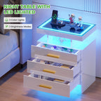 HNEBC LED Nightstand with 3 Color Motion Sensor Lights for Bedroom,White | Smart Bedside Table with USB-C Charging Station,3 Drawers,Tempered Glass Top,High Gloss Night Stand for Living Room,Office