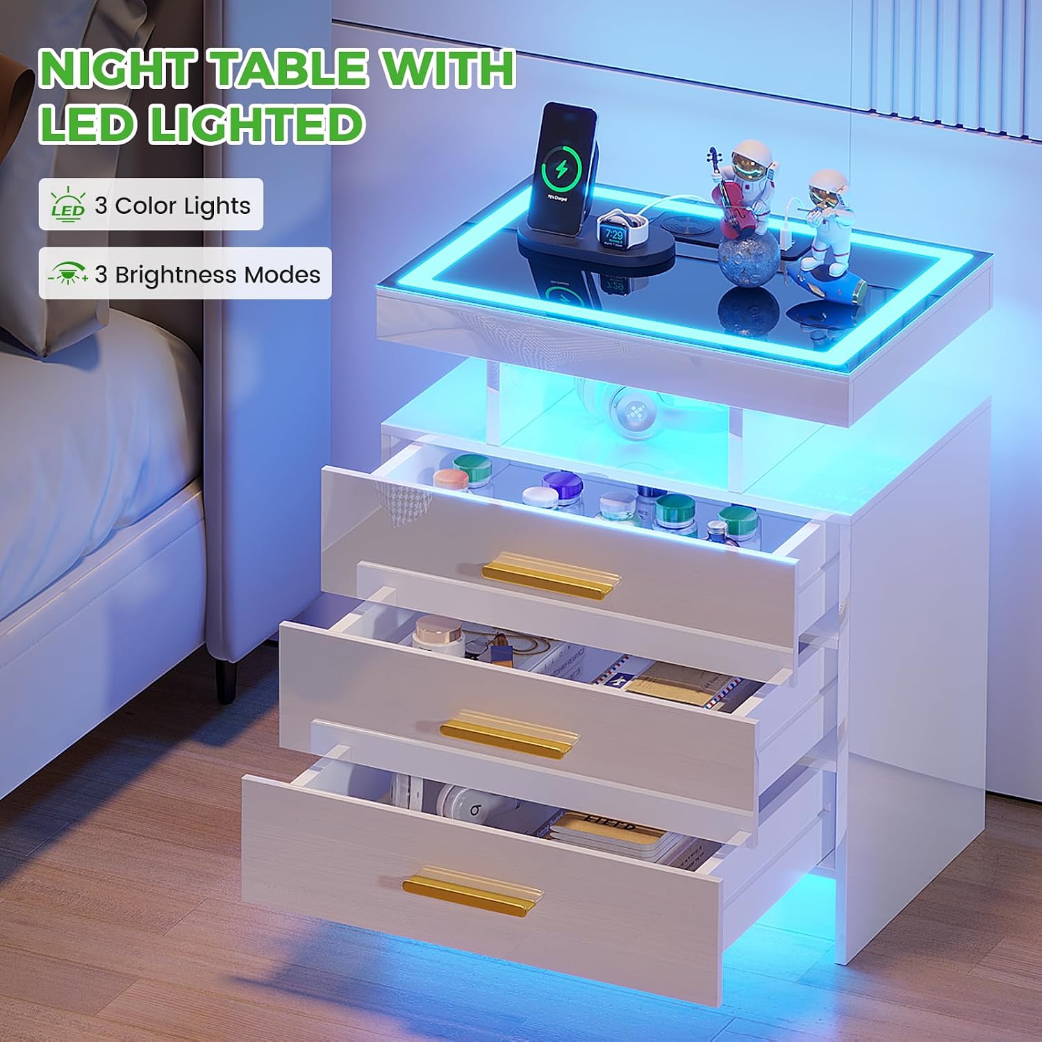 HNEBC LED Nightstand with 3 Color Motion Sensor Lights for Bedroom,White | Smart Bedside Table with USB-C Charging Station,3 Drawers,Tempered Glass Top,High Gloss Night Stand for Living Room,Office