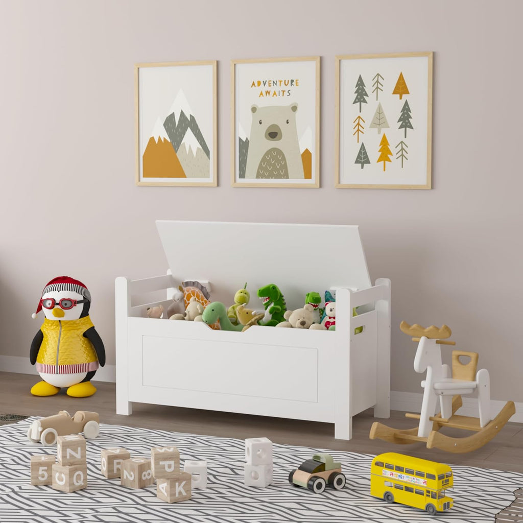 White Toy Storage Bench with Cushion Seat & Bookshelf, Multi-Functional Kids Toy Box Organizer, Flip-Top Lid & Safety Hinge, Large Storage Cabinet for Playroom, Nursery