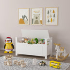White Toy Storage Bench with Cushion Seat & Bookshelf, Multi-Functional Kids Toy Box Organizer, Flip-Top Lid & Safety Hinge, Large Storage Cabinet for Playroom, Nursery