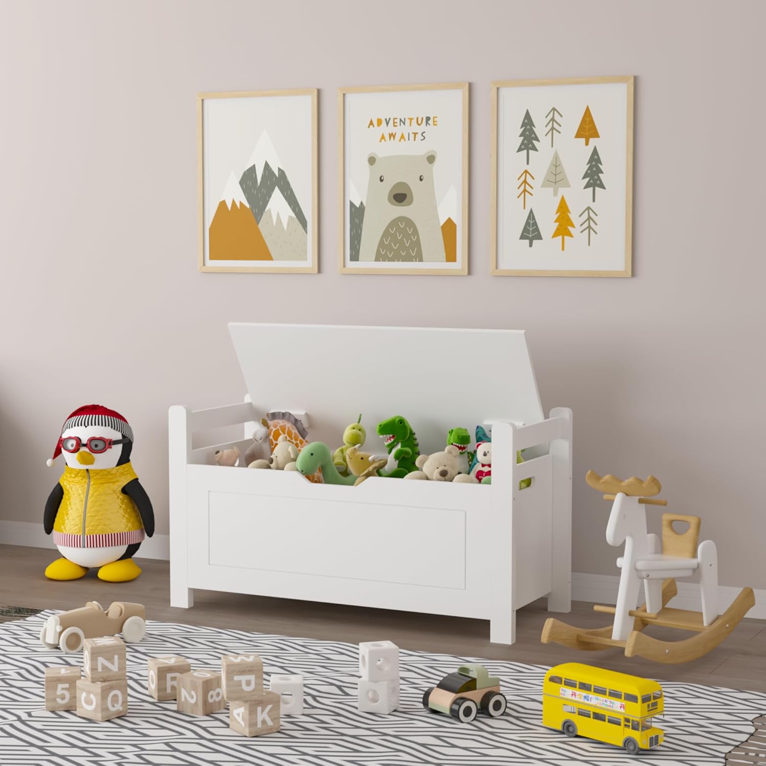 White Toy Storage Bench with Cushion Seat & Bookshelf, Multi-Functional Kids Toy Box Organizer, Flip-Top Lid & Safety Hinge, Large Storage Cabinet for Playroom, Nursery