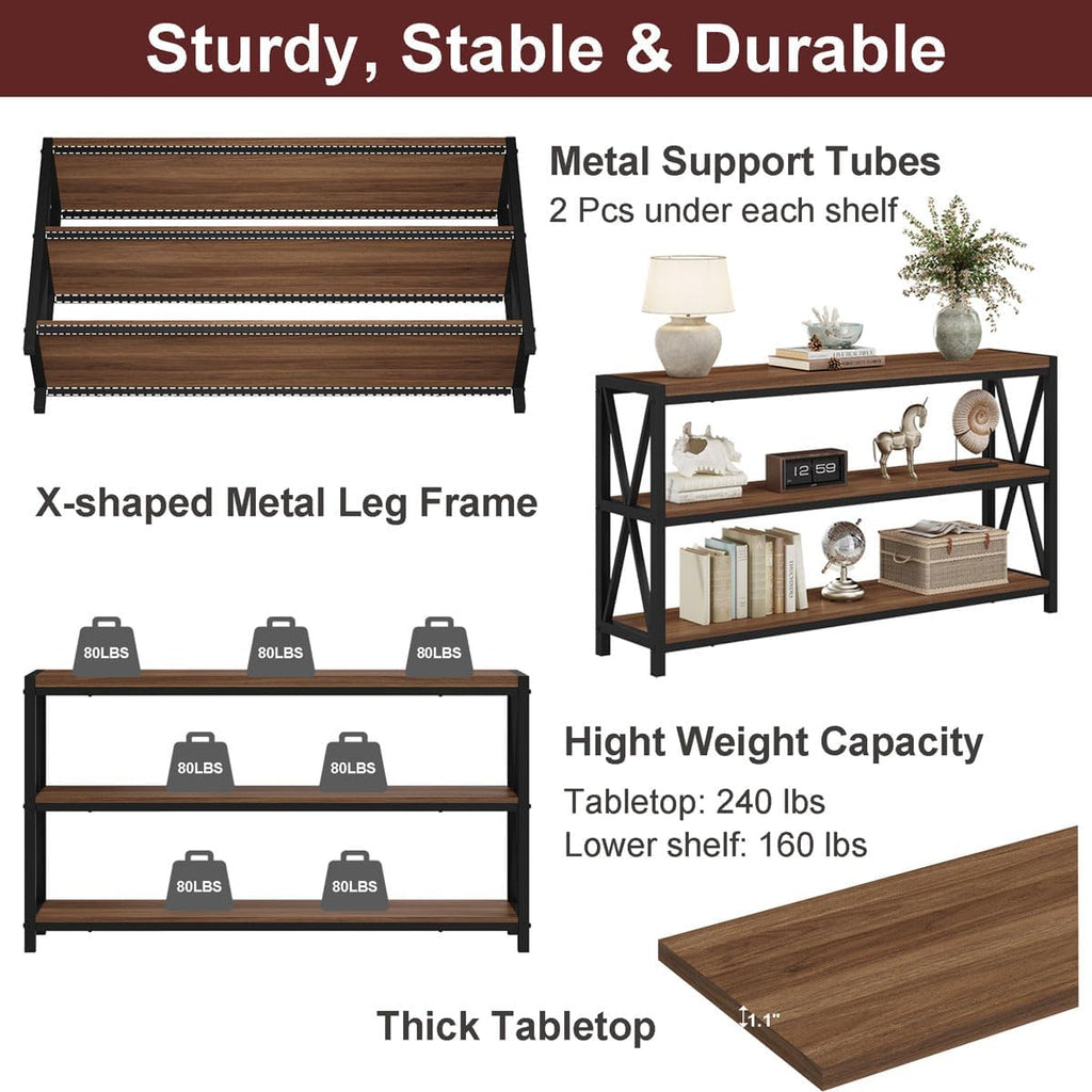 FATORRI Console Table for Entryway, 55 Inch Modern Entry Table with 3 Tier Shelves, Couch Tables Behind Sofa for Living Room (Medium Walnut)
