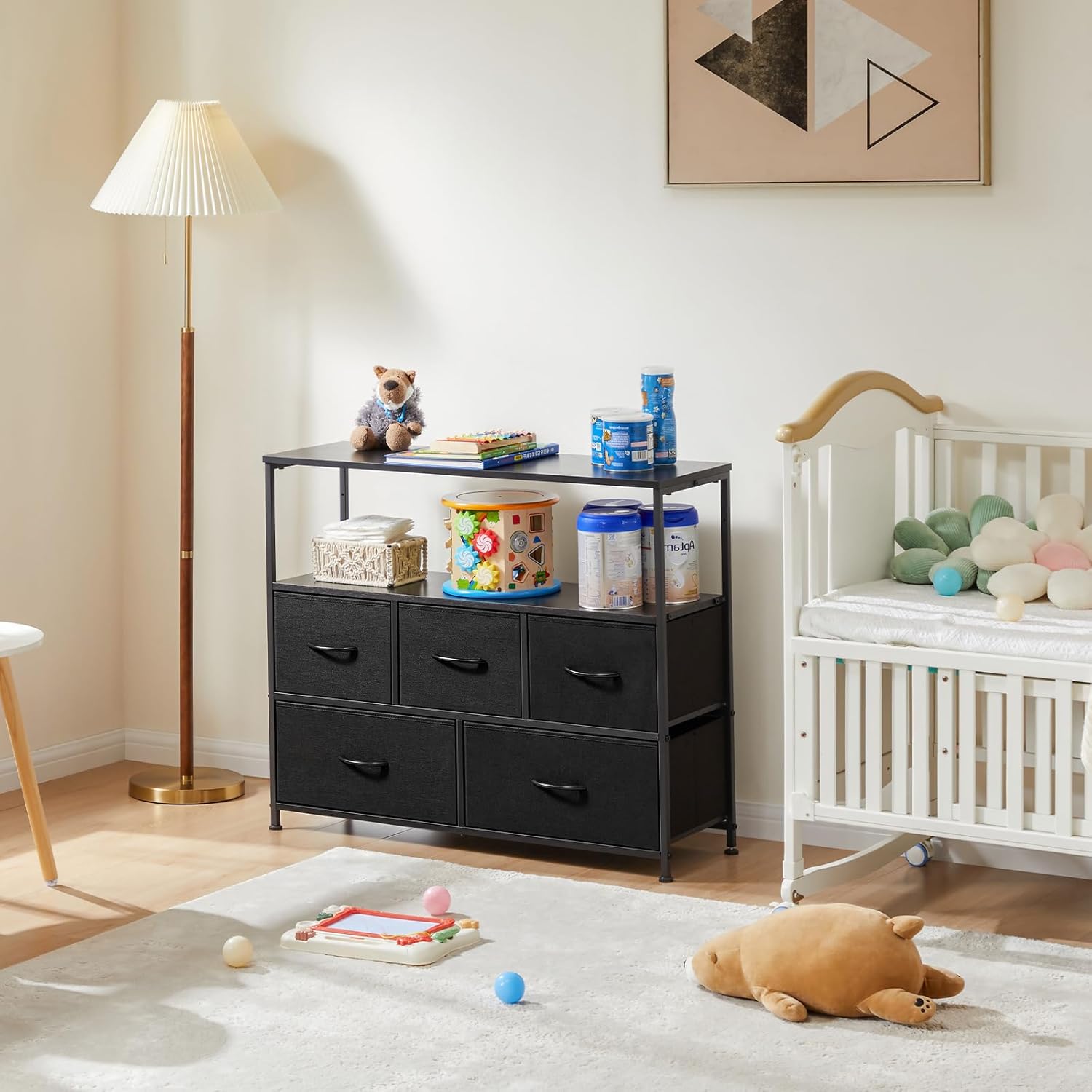 DUMOS TV Stand, Dresser with 5 Fabric Storage Drawers, Media Console Featuring Open Shelf for TV, Compact Entertainment Unit for Bedroom, Living Space, or Dorm Organization, Black