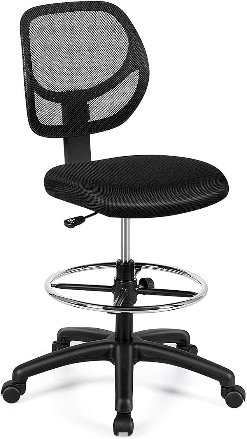 Giantex Drafting Chair Tall Office Chair with Back, Height Adjustable Home Office Chair on Wheels, Ergonomic Computer Standing Desk Chair with Footrest Ring for Bedroom, Black