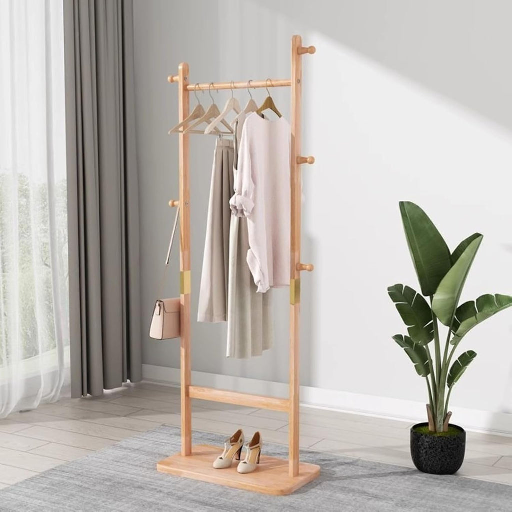 Solid Wood Coat Rack, Freestanding Clothing Hanging stand with 5 Hooks, Clothes Rack Coat Tree Stand Hat Hanger Rack Hall Tree for Entryway Hallway Organizer for Bedroom, Living Room, Burly Wood