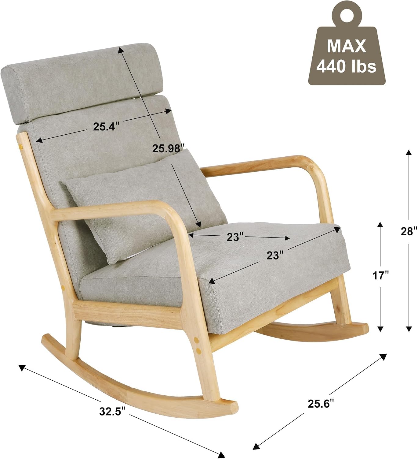 LUCKYERMORE Rocking Chair Nursery with Solid Wood Legs,Glider Chair with High Backrest,Upholstered Glider Rocker Chair for Nursery Bedroom Living Room, Grey