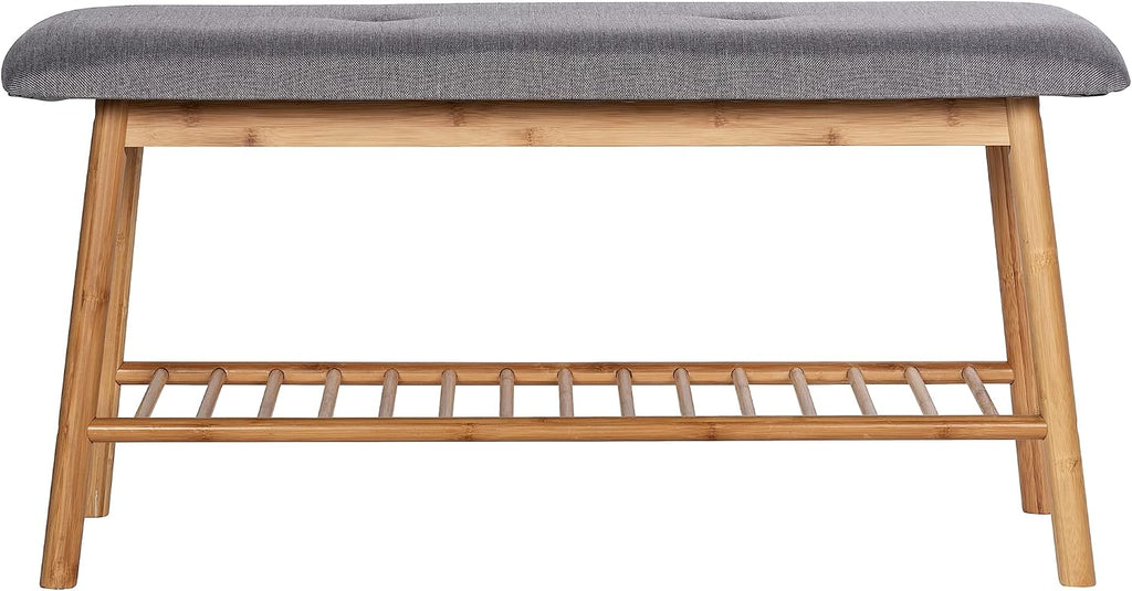 WENKO Entryway Bench with Shoe Storage, Shoe Storage Bench, Shoe Bench with Padded Seat, Bamboo Shoe Rack, Shoe Shelf, Grey, 90 x 45 x 34 cm