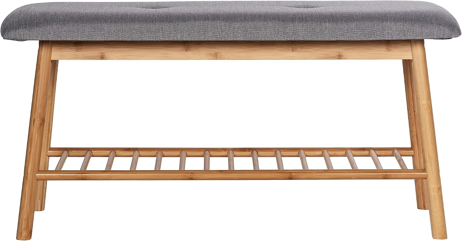 WENKO Entryway Bench with Shoe Storage, Shoe Storage Bench, Shoe Bench with Padded Seat, Bamboo Shoe Rack, Shoe Shelf, Grey, 90 x 45 x 34 cm