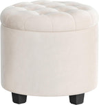 SONGMICS Round Ottoman, Ottoman with Storage, 17.7 x 17.7 x 17.5 Inches, Foot Rest with Legs, Velvet, Load up to 330 lb, for Living Room, Bedroom, Cream White ULOM012W01