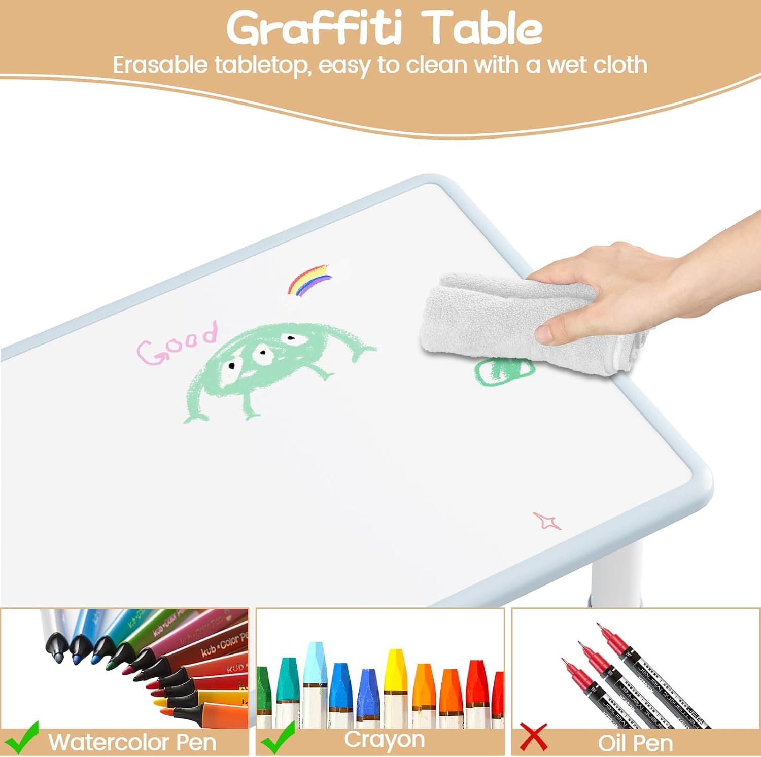 IDEALHOUSE Adjustable Height Kids Table and 2 Chairs Set – Writable Whiteboard Top, Non-Slip Legs, Easy to Clean, Ideal for Toddlers and Children Ages 2-10, Multi-Activity Table for Home, Nursery,
