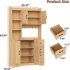 Kitchen Pantry Cabinet with Charging Station, 68" Tall Storage Cabinet with 3 Drawers, 2 Cabinets, Open Shelves, Fluted Doors, Wood Kitchen Hutch with Microwave Stand for Dining Room Living Room