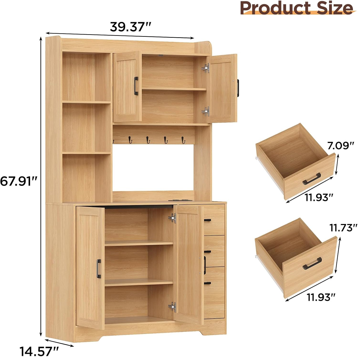 Kitchen Pantry Cabinet with Charging Station, 68" Tall Storage Cabinet with 3 Drawers, 2 Cabinets, Open Shelves, Fluted Doors, Wood Kitchen Hutch with Microwave Stand for Dining Room Living Room