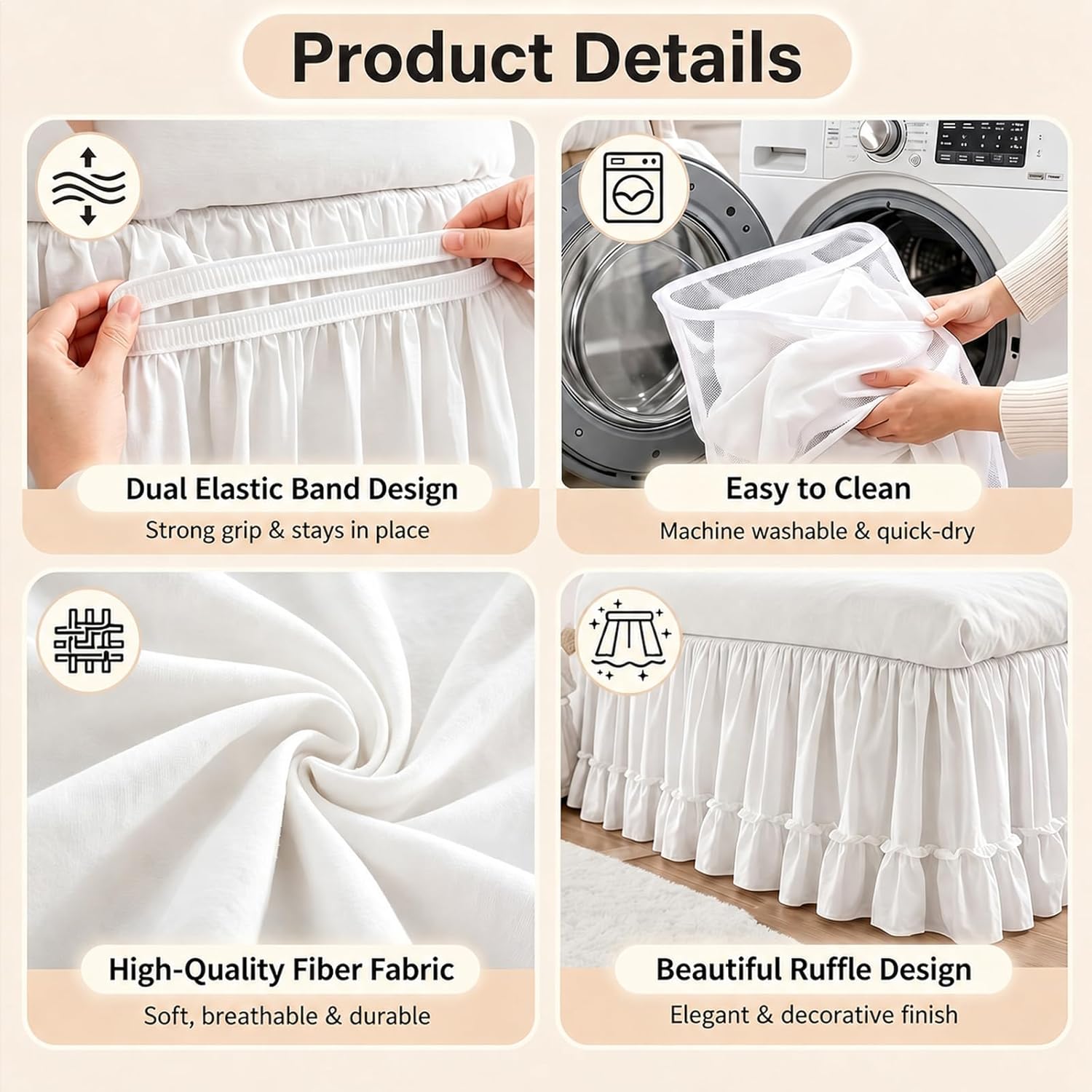 Breling White Ruffled Dorm Bed Skirt Twin XL 36 Inch Long Bed Skirt Dorm Solid Silky Fabric Machine Washable Split Corner Extra Long Wrap Around Elastic for Beds Room Bedding Decor