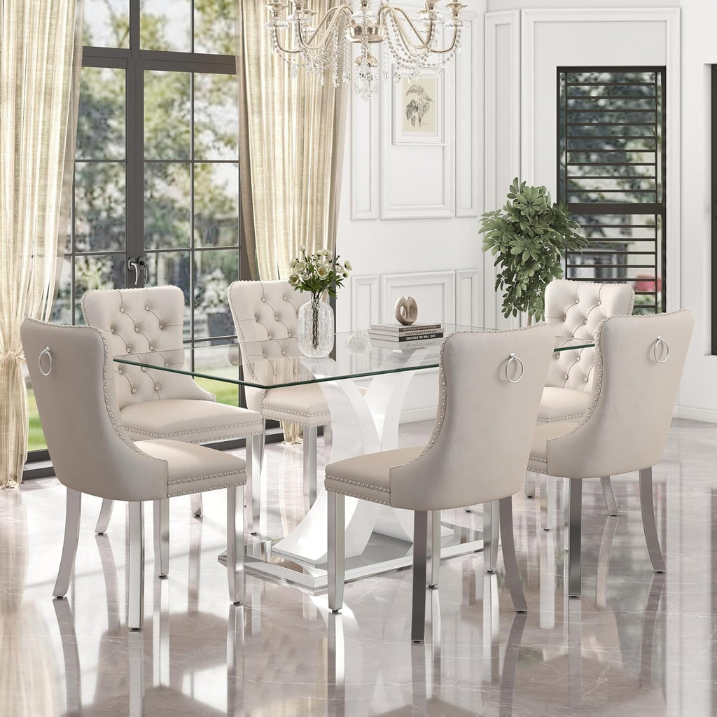 7-Piece Modern Luxury Glass Dining Set, Large Minimalist Rectangle Dinner Set for 6, 63'' Clear Glass Top Kitchen Table Set with White & Silver Base, Beige Tufted Chairs, for Apartment Home