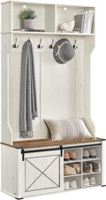 VASAGLE Hall Tree with Bench and Shoe Storage, Coat Rack with Shoe Bench, Entryway Furniture, 6 Tri-Hooks, Sliding Door, Farmhouse Style, Space Saving, Rustic White and Honey Brown UHSR442W01V1