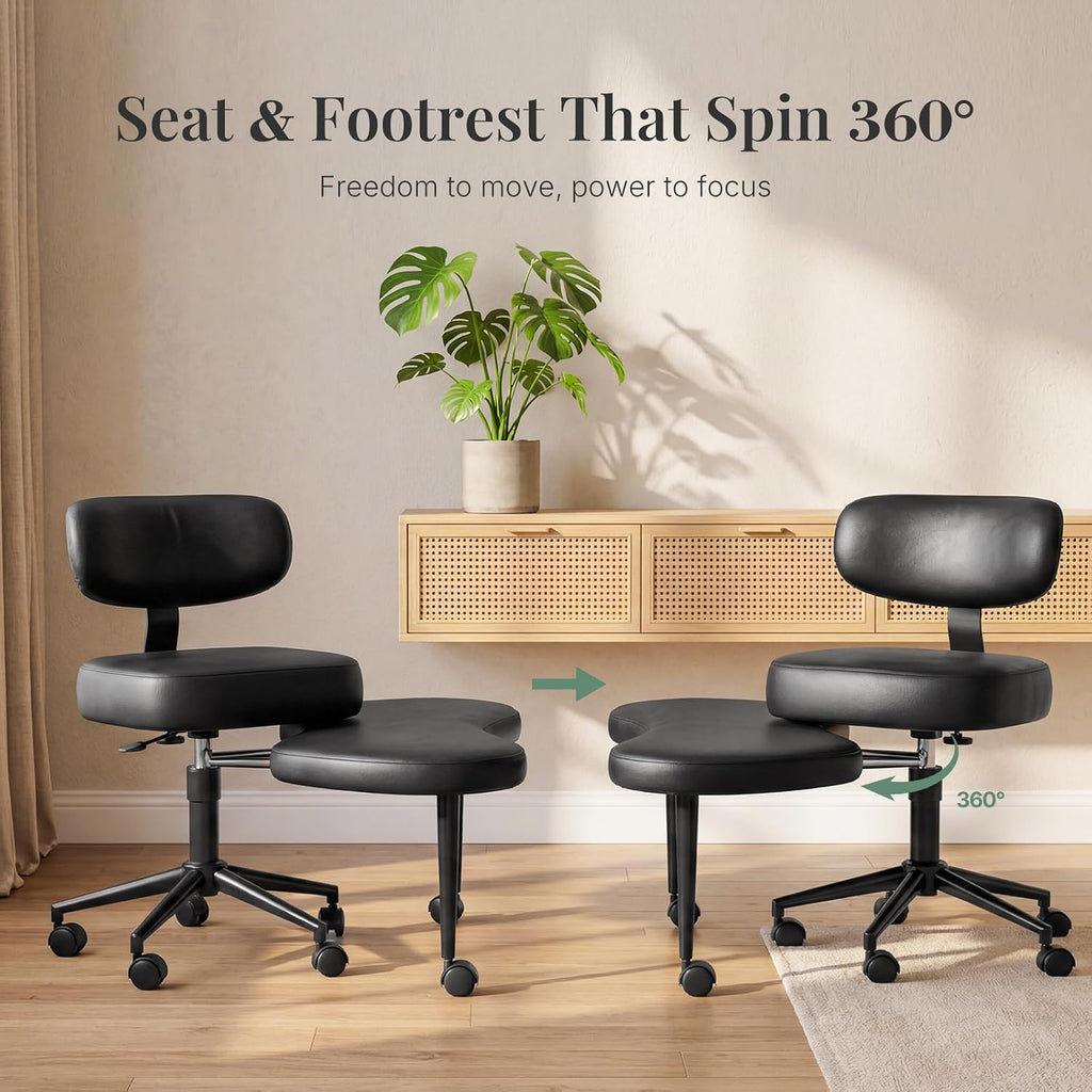 Ergonomic Cross Legged Office Chair with Adjustable Backrest and Seat, 360° Swivel Meditation PU Leather Yoga Stool Desk Chair for ADHD with Footrest, 350lbs Capacity, Black