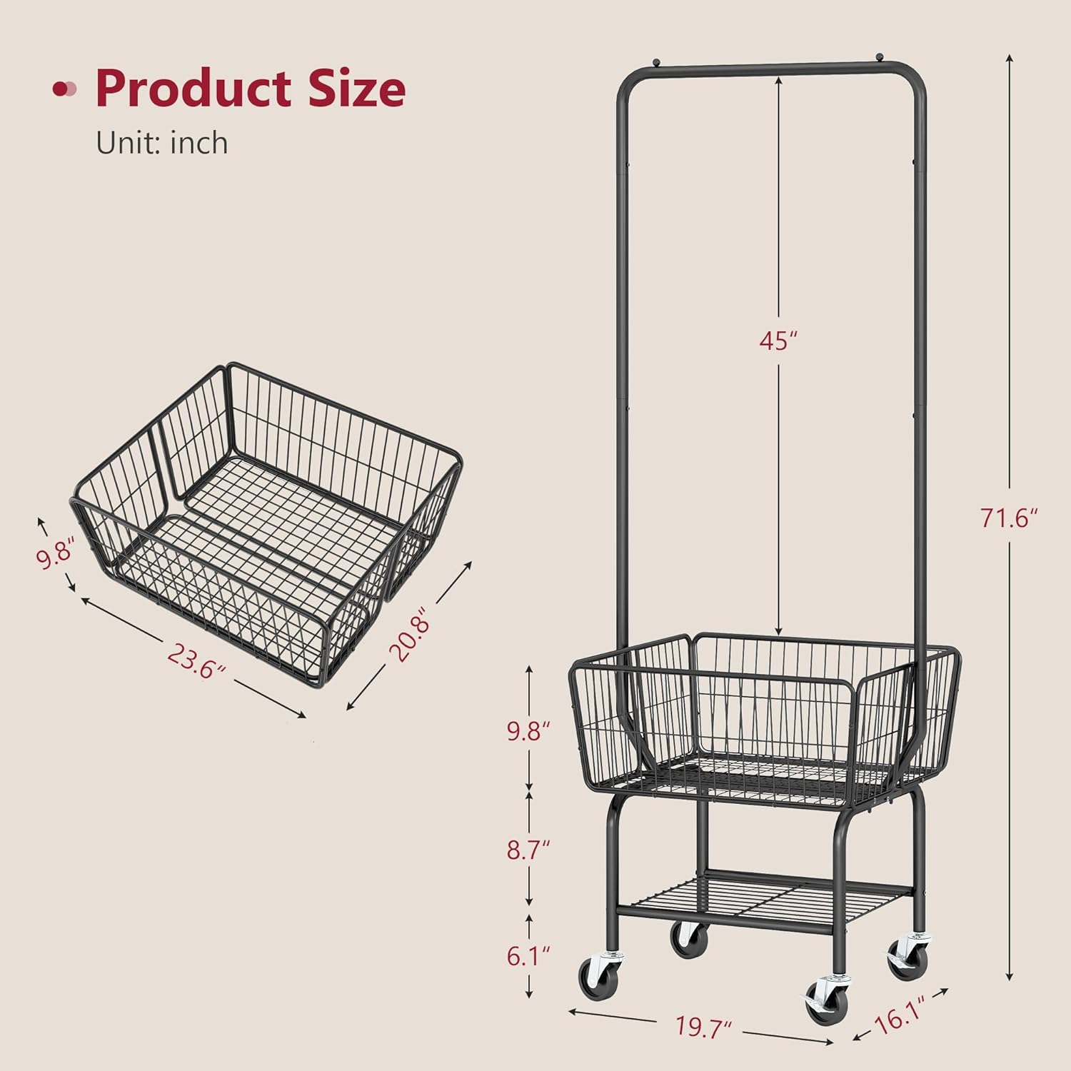 Tajsoon Laundry Cart with Hanging Rack, Metal Laundry Basket with Wheels, Laundry Hamper with Storage Basket and Shelf, Rolling Laundry Cart with Wheels, Black