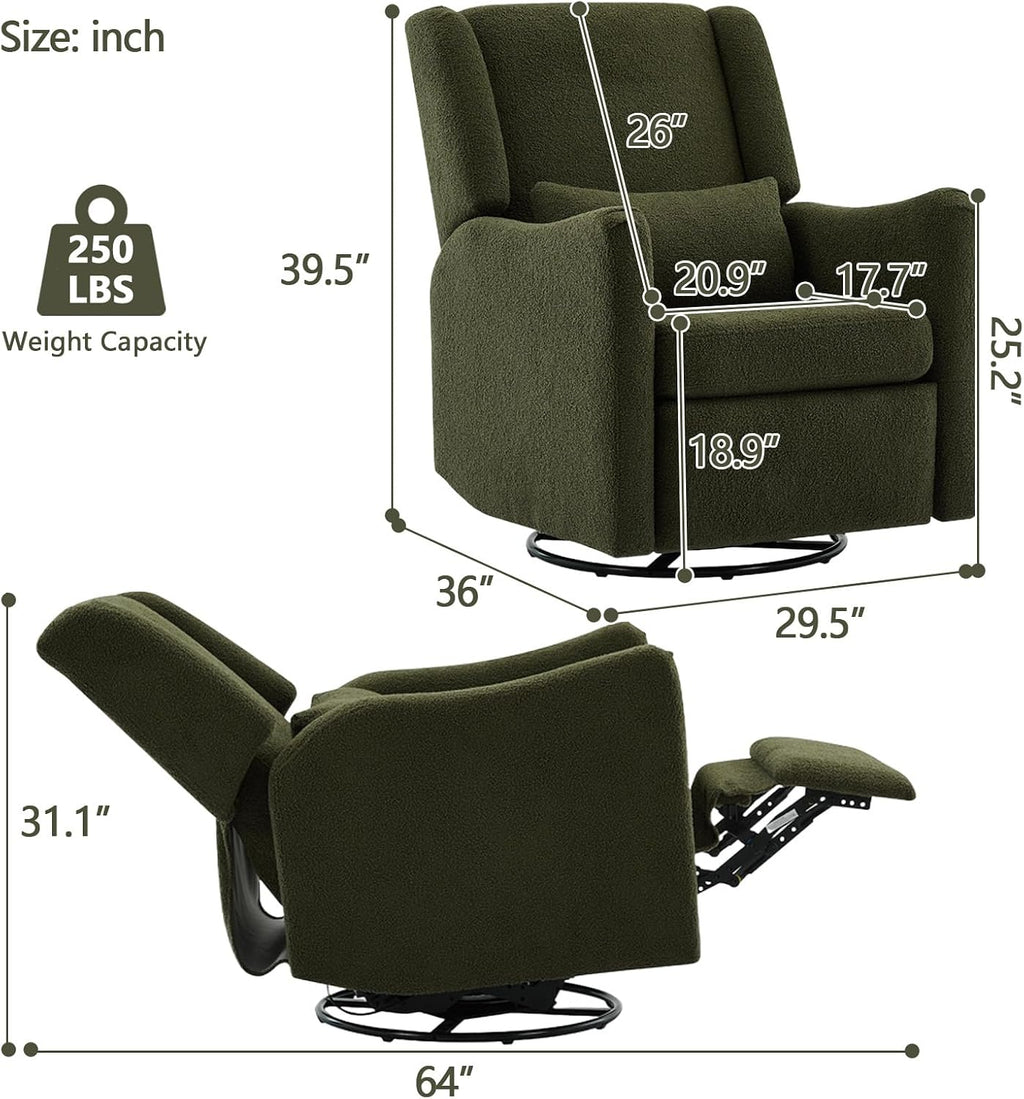 29.5'' Wide Swivel Rocker Recliner with 3-Position Lock Leg Rest, Nursery Chair with Sturdy Metal Base for Living Room, Bedroom and Apartment, Teddy Fleece (Seaweed Green)