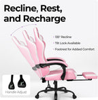 N-GEN GAMING Video Gaming Chair with Footrest Lumbar Support for Home Office High Back Recliner Height Adjustable Ergonomic Comfy Leather Computer Desk Chair (Leather Pink)
