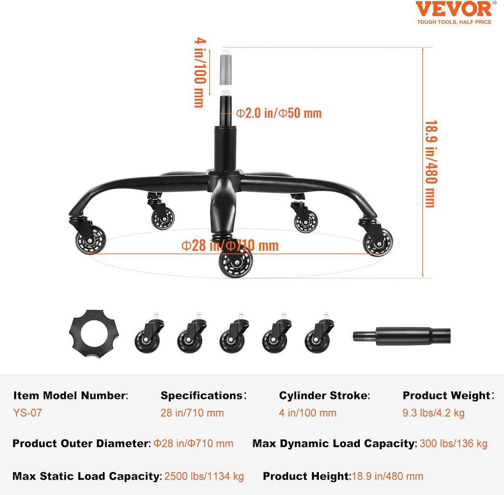 VEVOR Office Chair Base Replacement, 28", 2500 lbs Static Load Capacity, Heavy Duty Universal Computer Desk Chair Stool Base Part with 5 Casters and Gas Cylinder, Desk Chair Base Replacement, Black