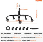 VEVOR Office Chair Base Replacement, 28", 2500 lbs Static Load Capacity, Heavy Duty Universal Computer Desk Chair Stool Base Part with 5 Casters and Gas Cylinder, Desk Chair Base Replacement, Black